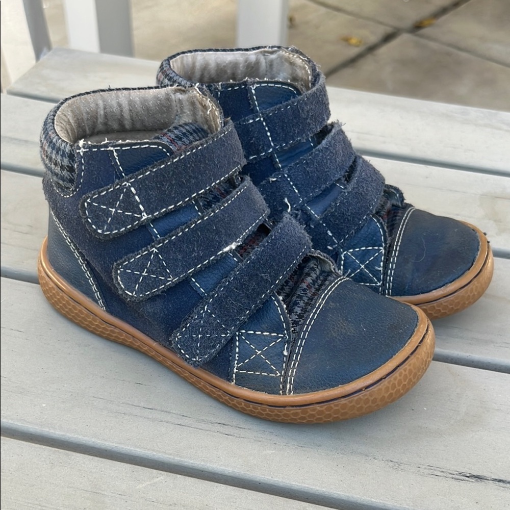 Kids Blue Leather Velcro Booties